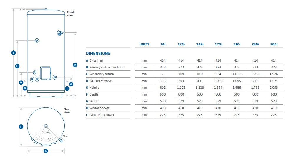 Baxi Assure - Diagram of All Indirect Models Sizings And Product Info